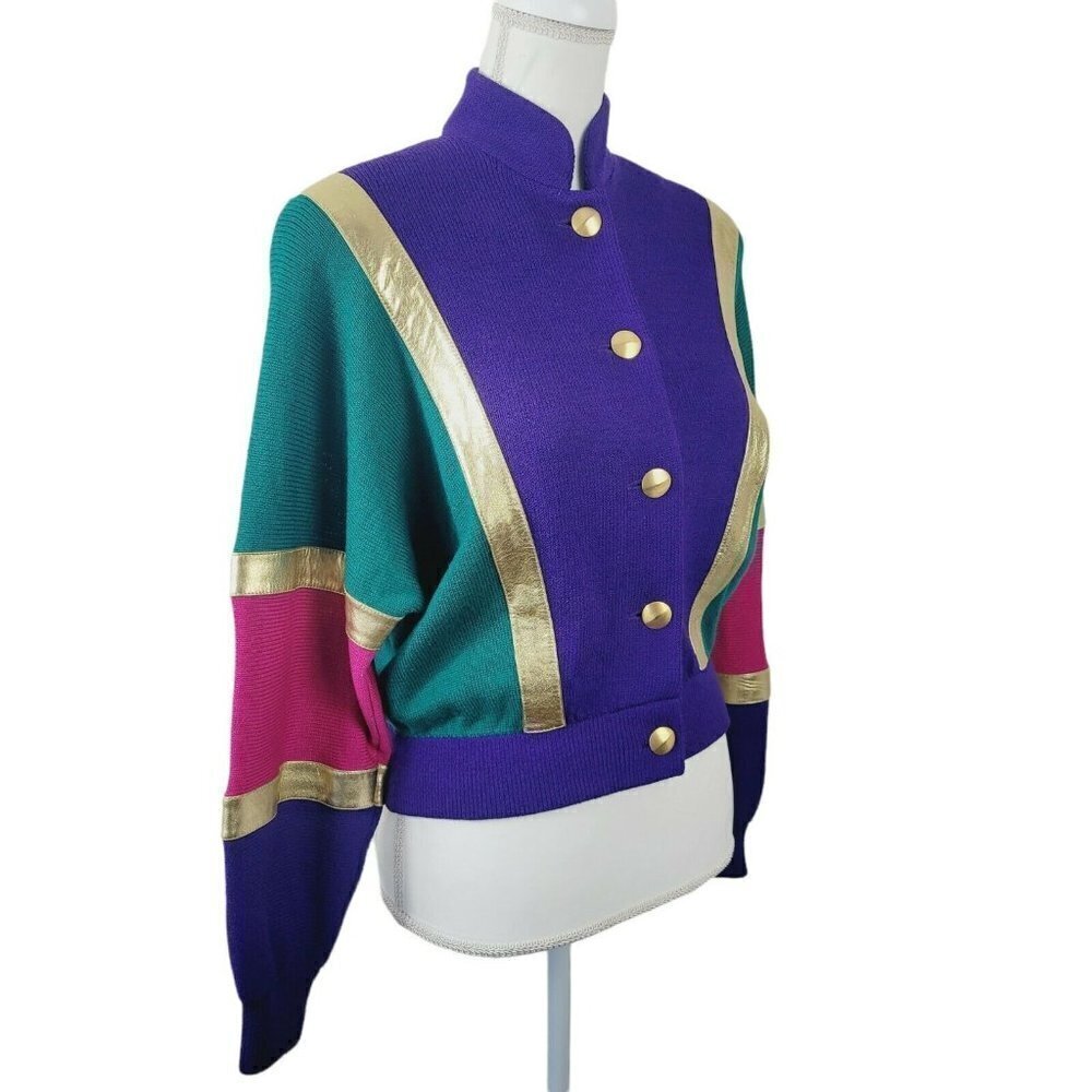 St. John Separates Cropped Sweater Small Color Block Royal Purple Gold Designer - Picture 2 of 12